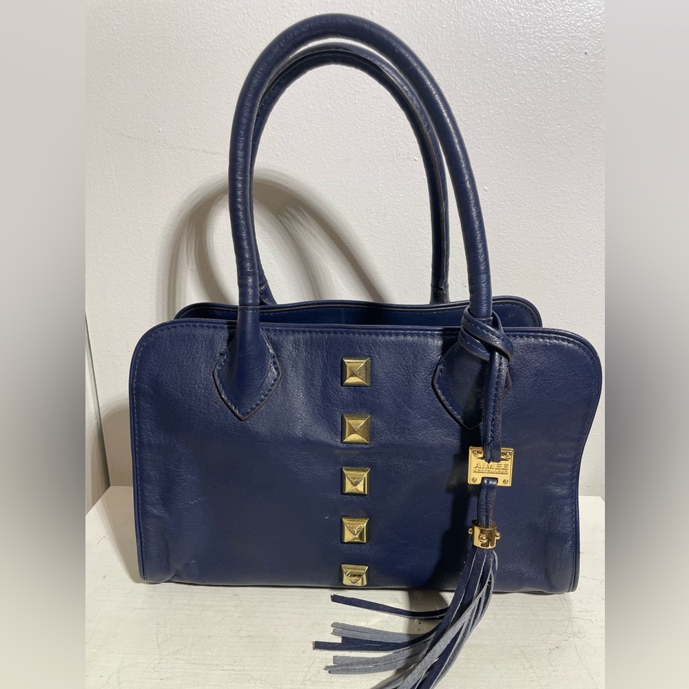 AIMEE KESTENBERG Women’s Navy Blue Leather Satchel w/ Lg. Gold Studs and Tassel
